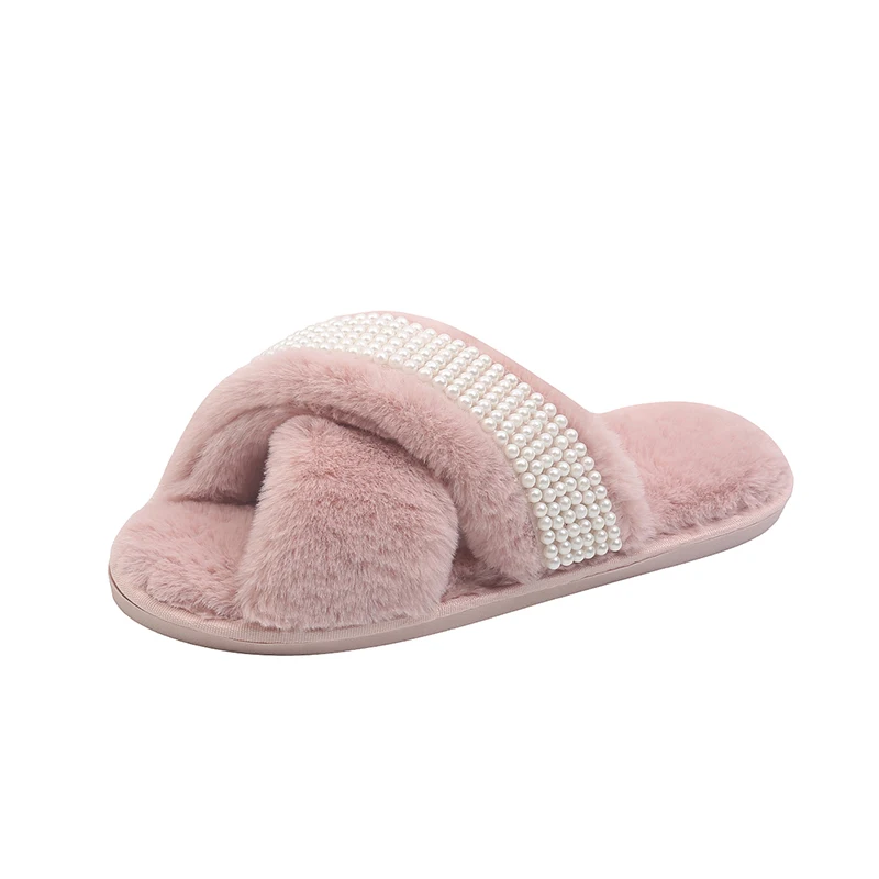 Wholesale custom open toes fashion furry rabbit fur soft anti-slip women indoor home slippers