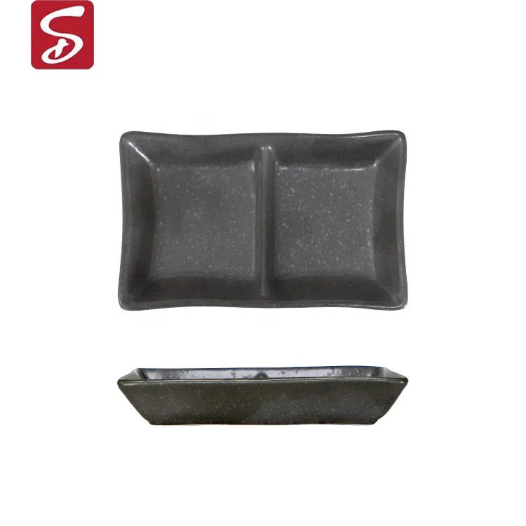 Ceramic Appetizer Serving Tray Divided Serving Platter Chips Dip Sauce Dishes 2 Compartment Snacks Dishes Tray for Spices Black