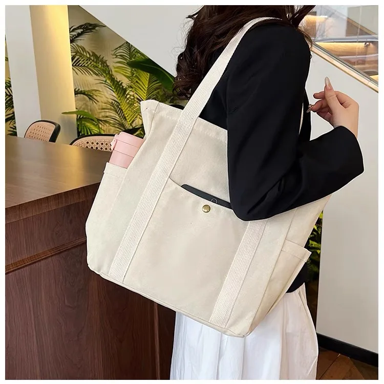 Wholesale Cheap Reusable Shopping Bags Plain White Blank Cotton Canvas Tote Bag with cup holder