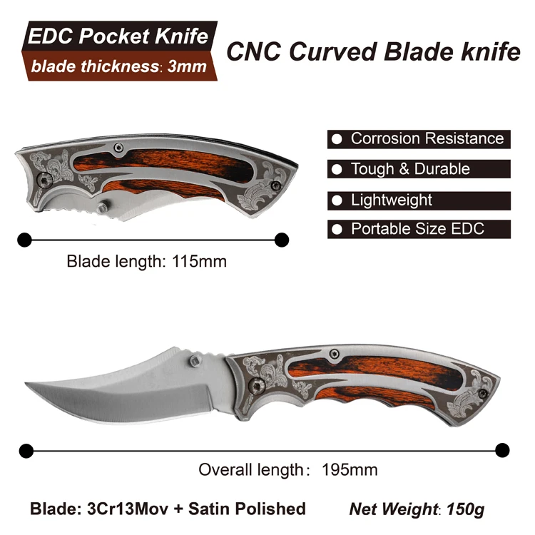 Free Sample Satin Polished Clip Point Hunting Color Wood Handle Folding Knife CNC Blade Skinning Knife Outdoor Camping Survival