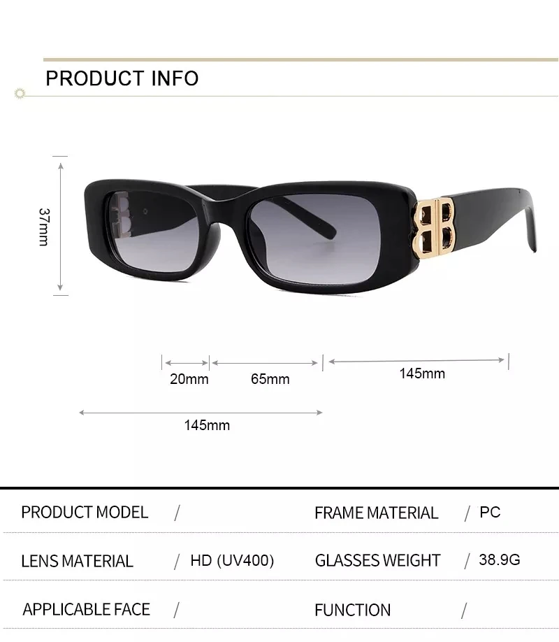 Square Women Sunglasses Men Sun Glasses Luxury Small Rectangle Letter B Custom Logo