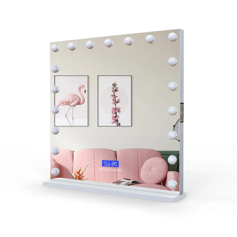 MDF base with time and temperature display touch sensor dimmable hollywood led vanity mirror with G48 type led bulbs