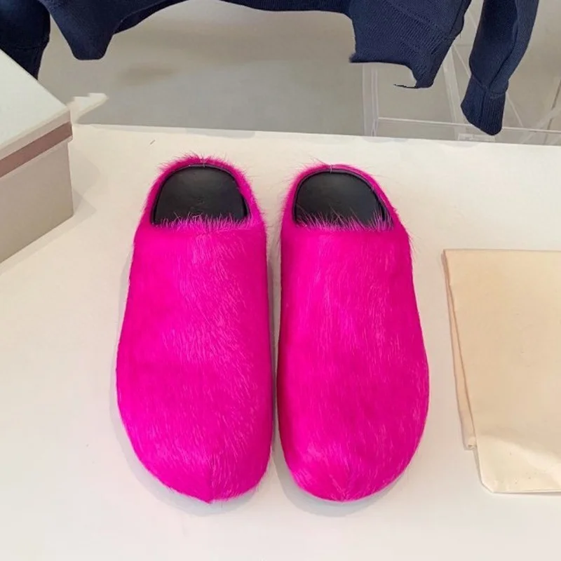 Large Size 45 Designer Shoes Women Flat Real Fur Slides Horsehair Slippers Fluffy Plush Furry Slipper With Logo Customized