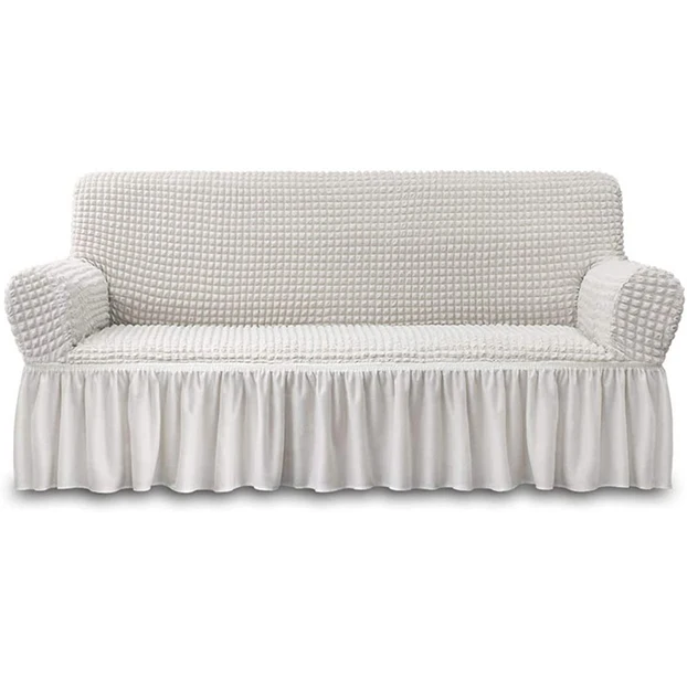 Luxury Ivory Elastic Stretch And Durable Furniture Protection 3 Seater Sofa Cover With Skirt Country Style