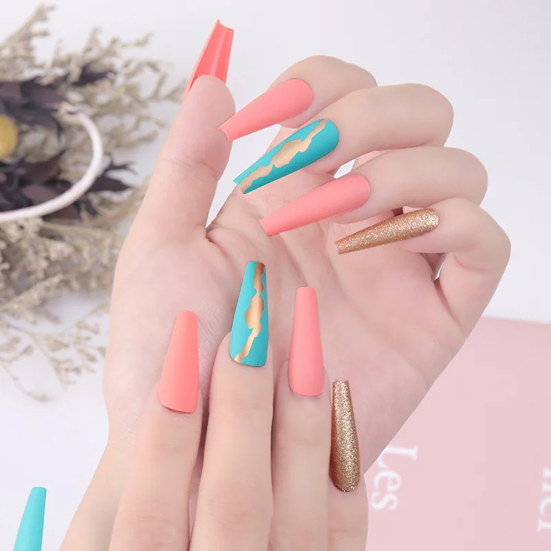 24pcs/Set Detachable Long Coffin Fake Nails European Rainbow Ballerina Full Nail Art Tips Colorful Beauty Artificial False Nails