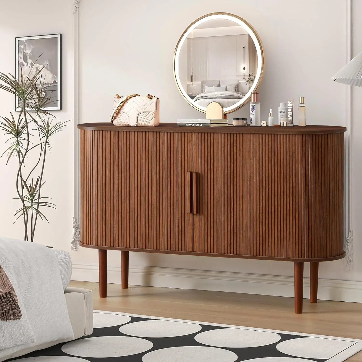 Farmhouse Adjustable Shelf Cabinet Console Table Sideboard Buffet Kitchen Storage Cabinet with Fluted Slide Doors