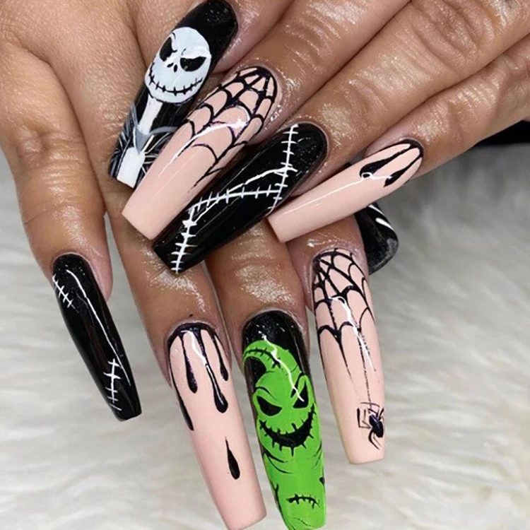 B62 Designed Reusable Ghost Skeleton Pumpkin False Nails long Custom Halloween Acrylic Press On Nails Artificial Nails for girls