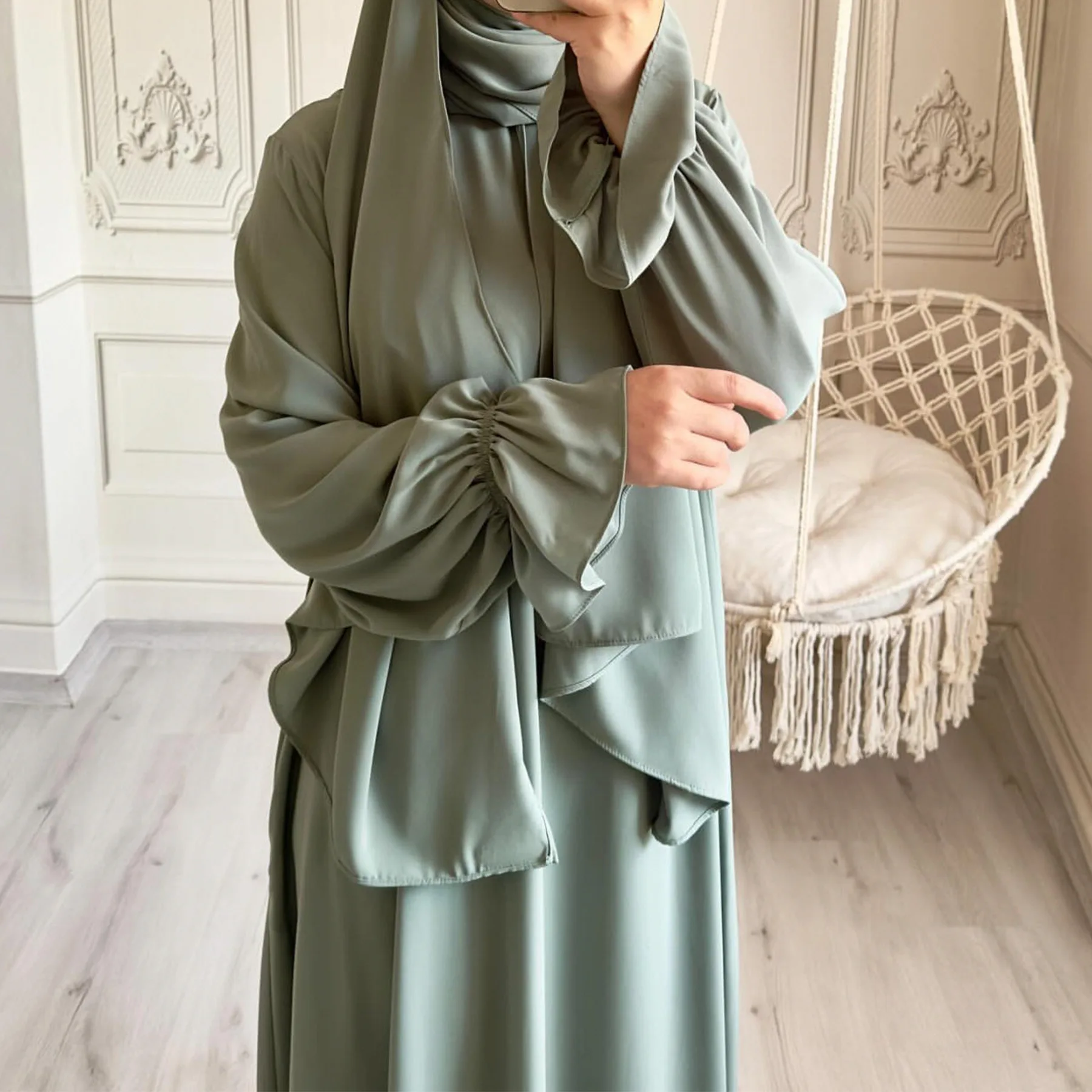 Eid Solid Color Simple Modest Kaftan Islamic Clothing For Women Prayer Abaya Hoodie Dubai Turkey Style Plus Size Muslim Dresses