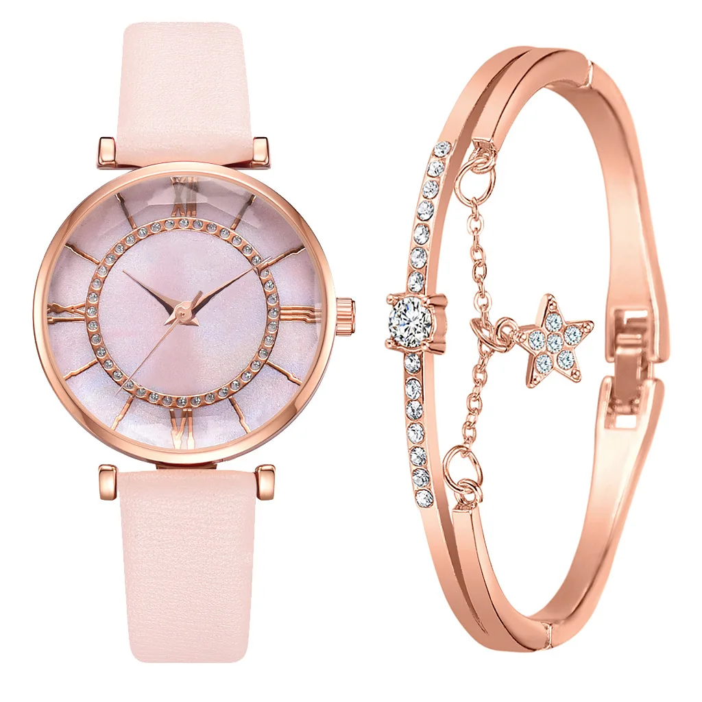 Hot-selling ladies watch set PU fashionable ladies quartz watch with Disc Roman scale