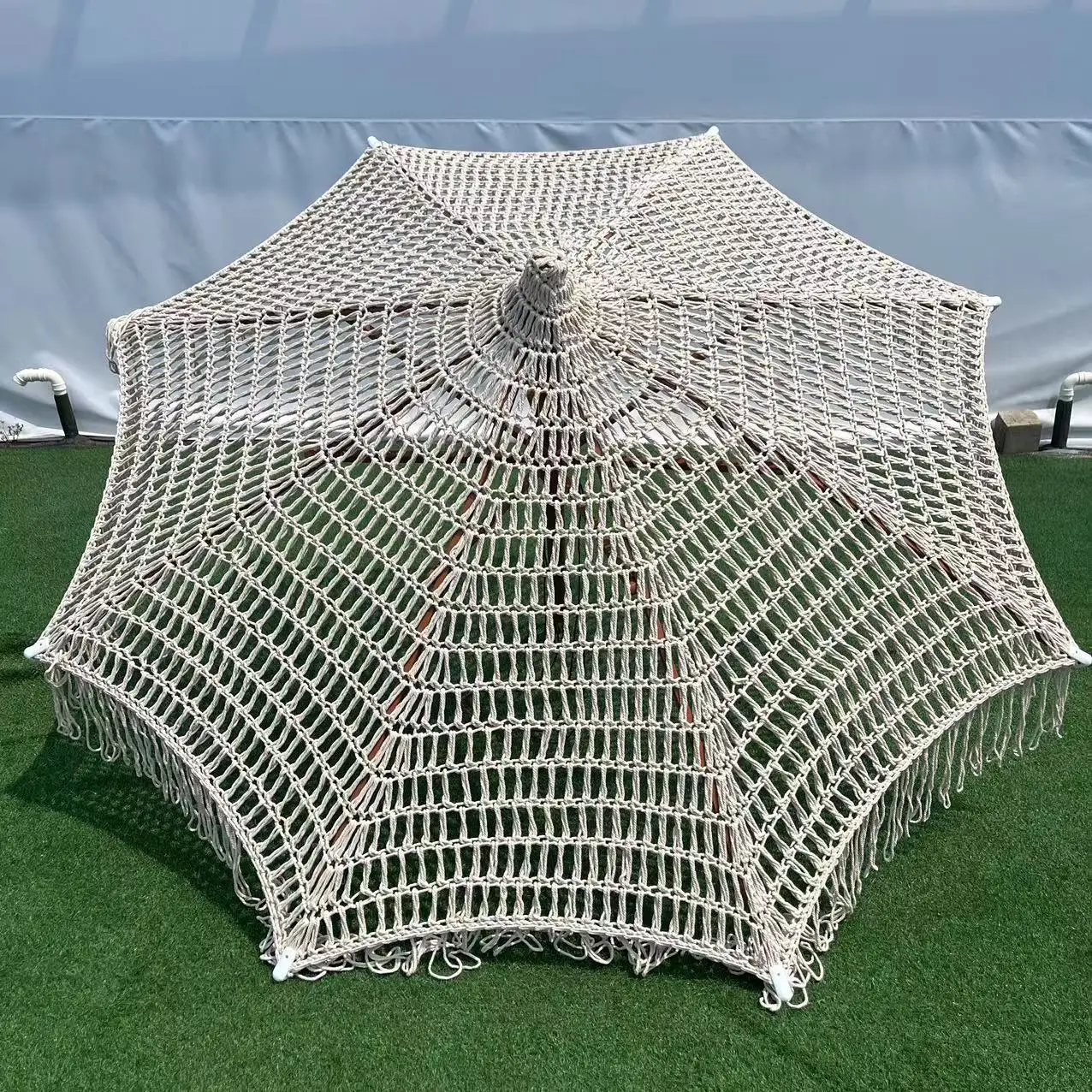 Outdoor Hand Woven Rope Sun Parasol Cotton Rope Braided Patio Garden Umbrella 2.5m Wooden Center Pole Patio Umbrella Custom Logo