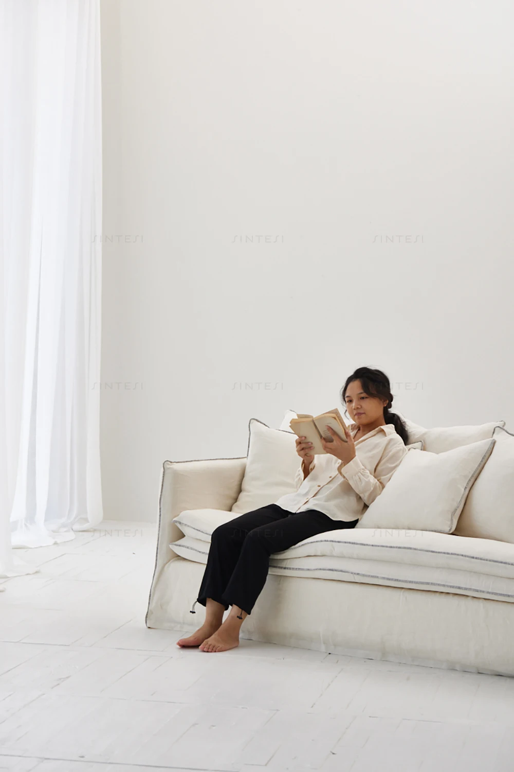 Comfortable living room furniture gooses feather filling 9 cushions couch modern sofas living room sofas with cotton and linen