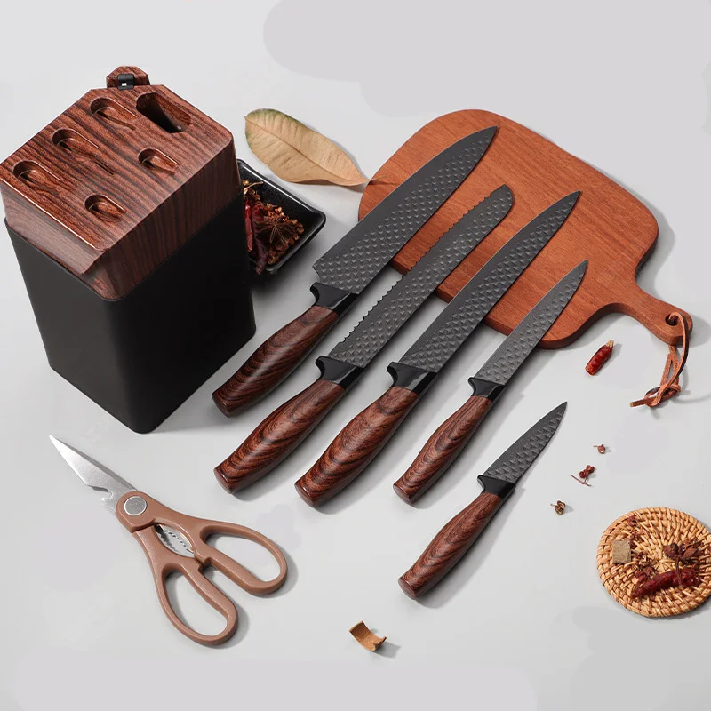 7 Piece Kitchen Knife Set Pine Wood Block with knife sharpener block set chef knife accessories