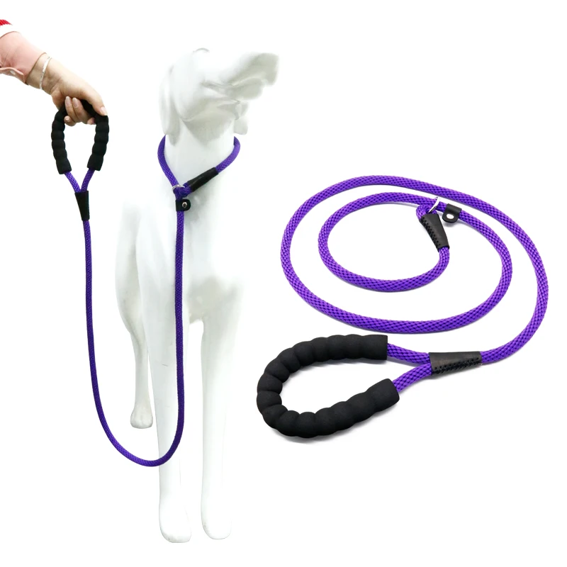 Custom Purple Nylon Dog Slip Rope Leash 4MM-12MM Anti-Slip Padded Handle Reflective Lights Durable Animal Pattern Dog Collar