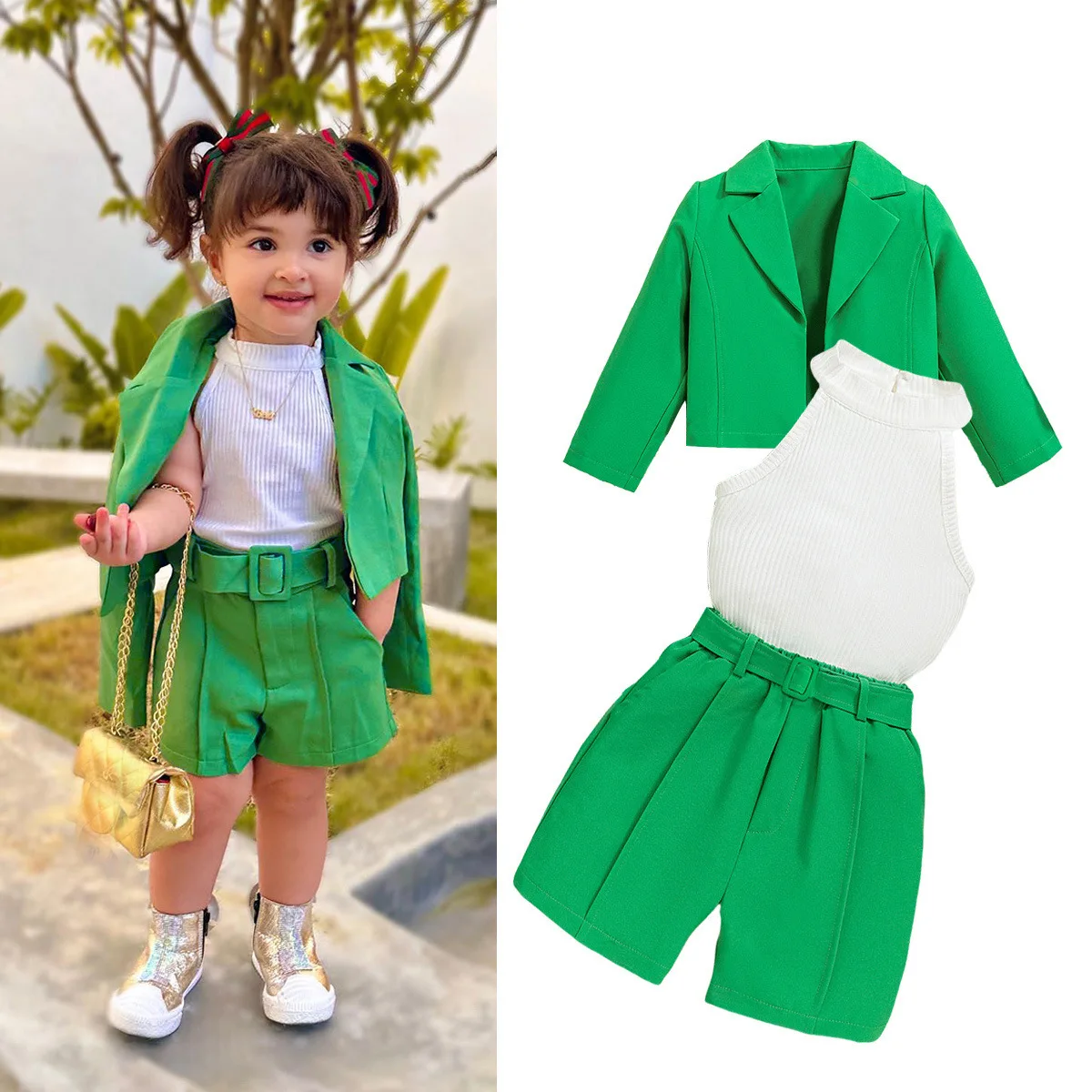 Spring Kids Girls Green Clothes Halter Neck Vest Long Sleeve Lapel Blazer Coat Shorts 3Pcs Fashion Children Clothing