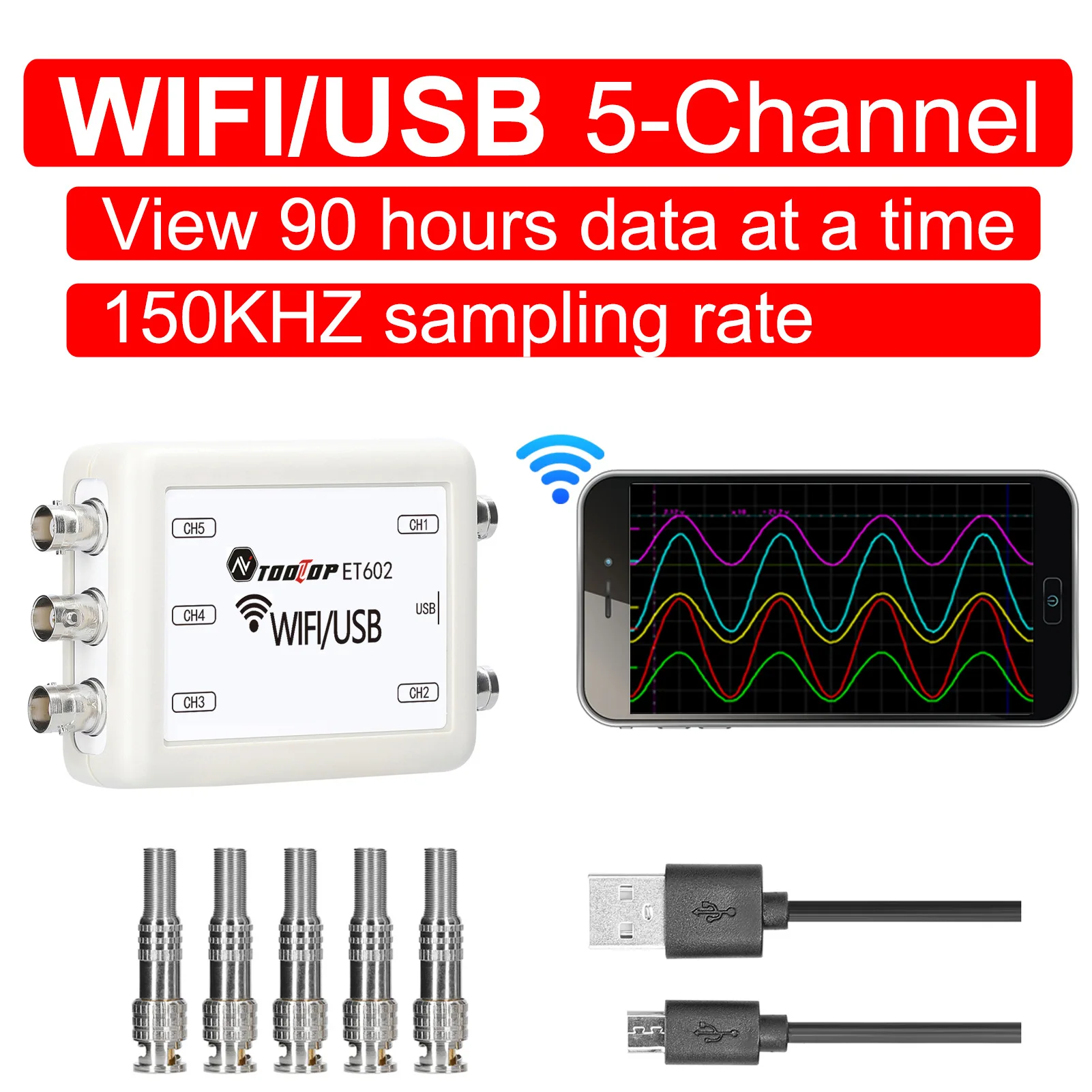 Пятиканальный Виртуальный осциллограф с Wi-Fi/USB ET601/ET602