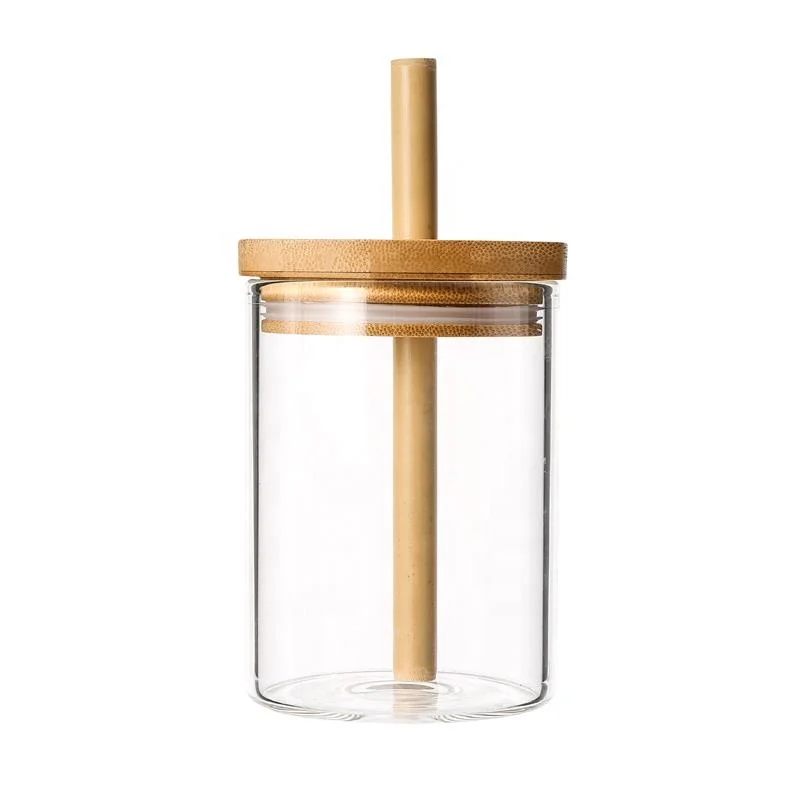 Reusable Bubble Tea Cup with Boba Cup Glass Jar with Stainless Steel Straw Bamboo Straw