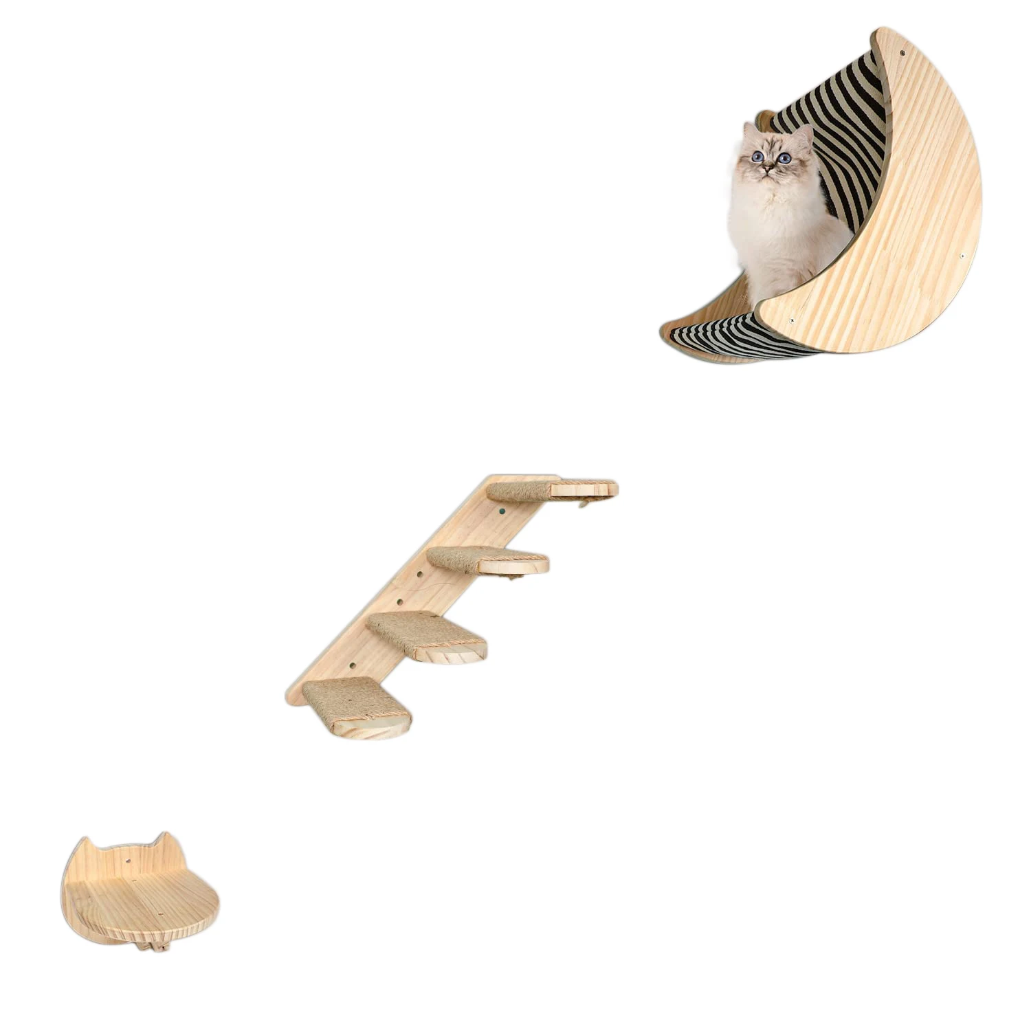 Cat Wall Shelves and Perches Solid Wood Wall Mounted Cats Furniture Set of 3 Cat Climbing Shelves with Moon House