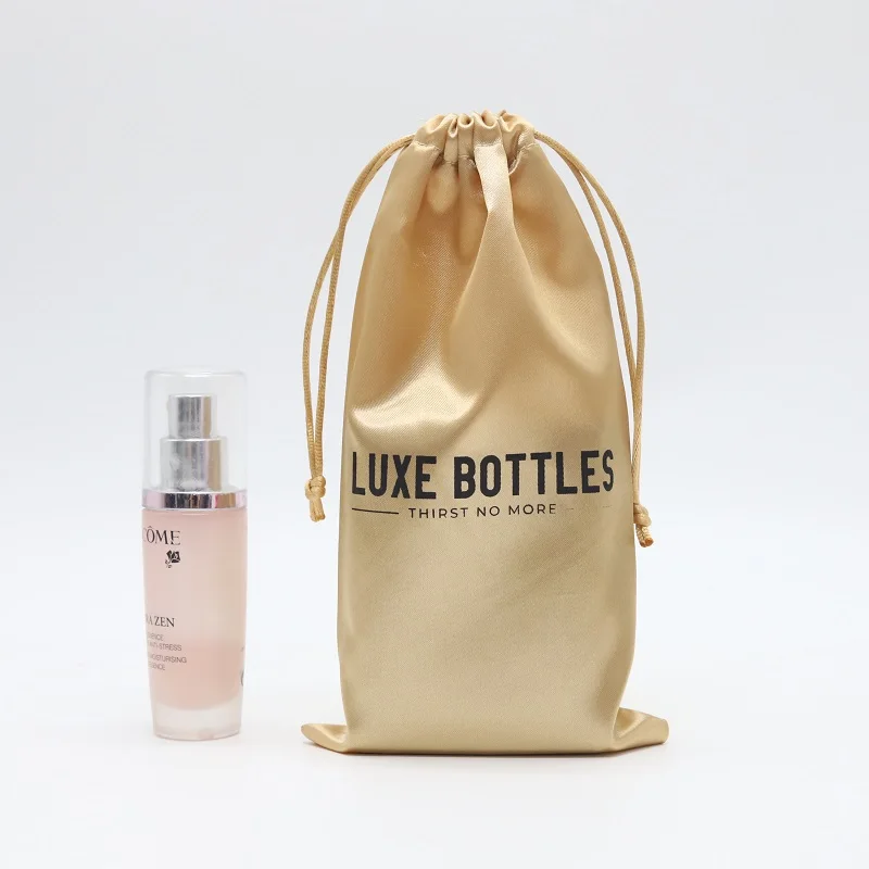 Custom Gold Satin Gift Makeup Drawstring Bag Soft Silk Dust Packing Essential Oil Perfume Bottle Cosmetic Eyelash Bags