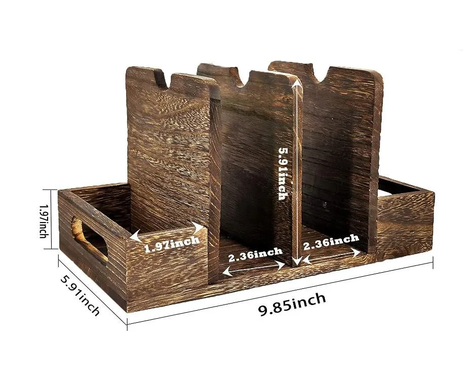 Wooden Storage Kitchen Accessories Vintage Napkin Holder with Salt and Pepper Shakers Caddy