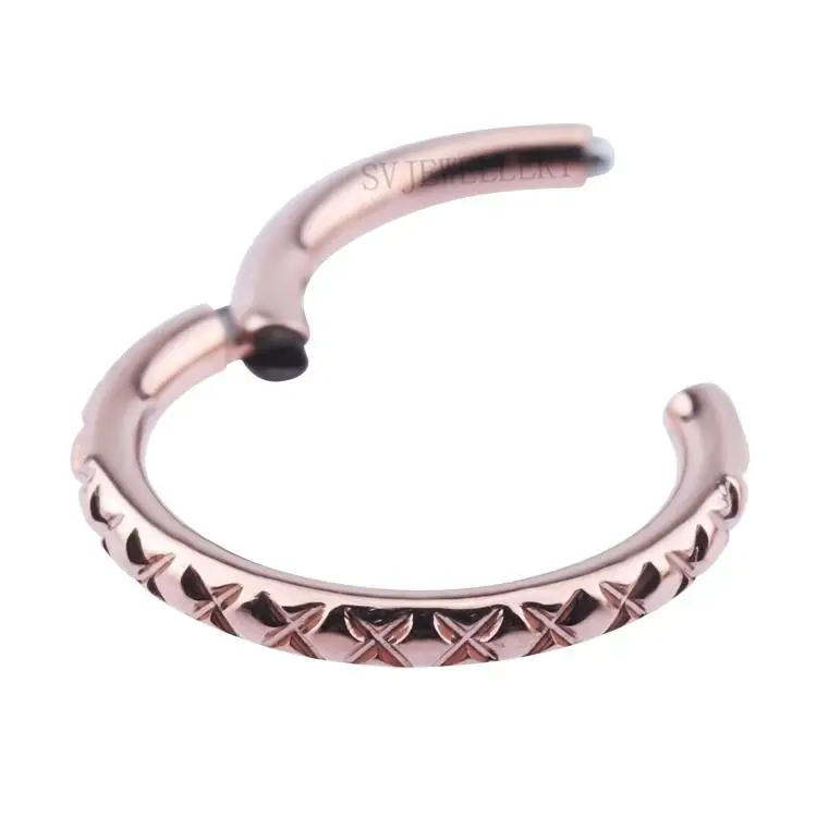 ASTM F136 Titanium Rose Gold Hinged Segment Clicker Ring With CNC Cut Cross