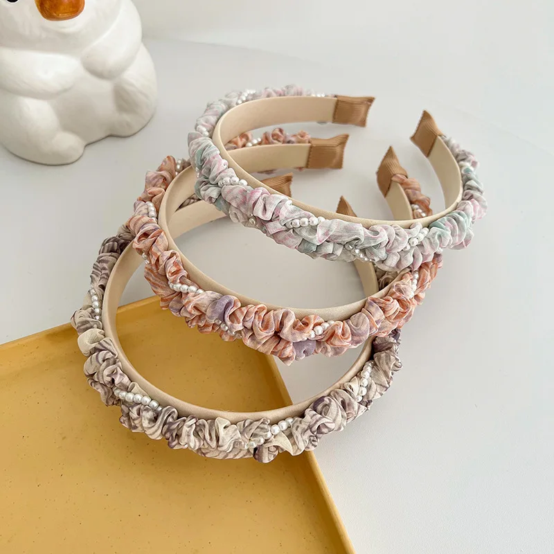CLARMER Summer new design sweet mix color pearl twine women hair accessory handmade custom pleated headband
