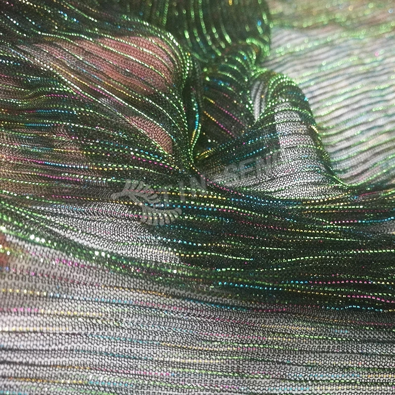 Wholesale Green Pleated Rainbow Lurex Fabric for long Dresses