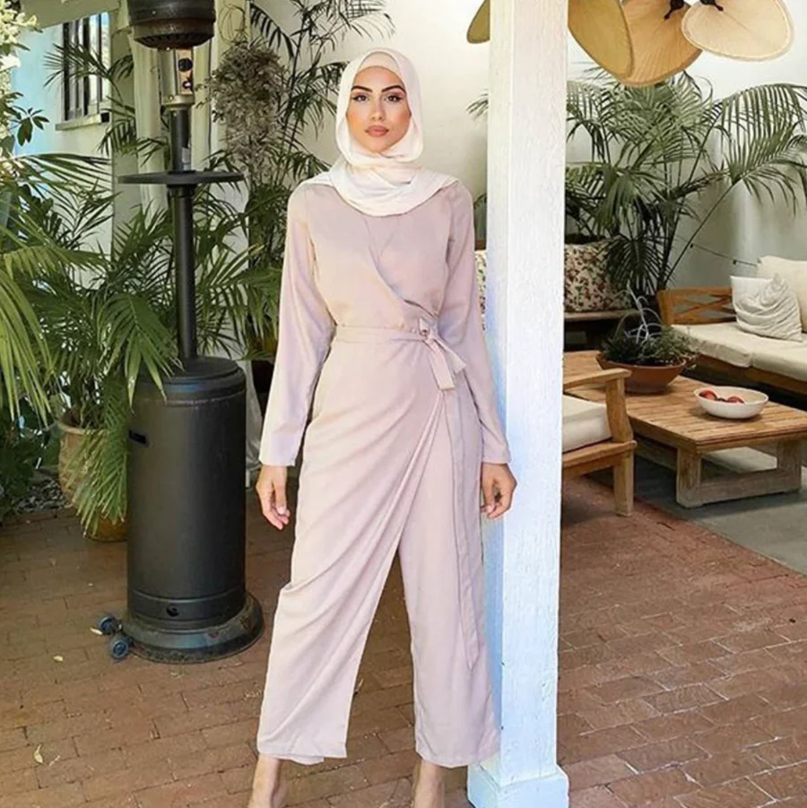 Wholesale Solid Color V-Neck Stitching One Piece Wide Leg Pants Modest Muslim Islamic Suit Jumpsuit Clothing for Women