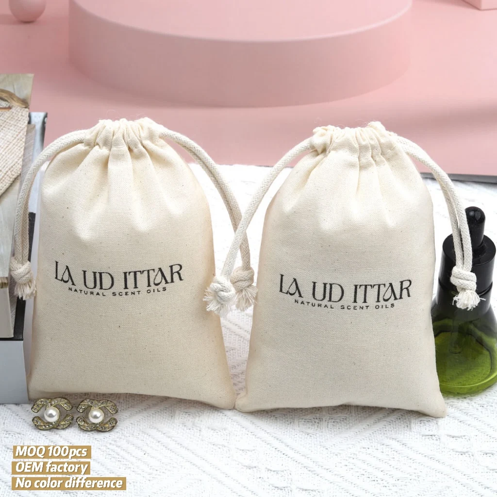 Custom Logo Printed Small Cotton Nail Polish Candle Gift Packing Bag Organic Drawstring Reusable Muslin Pouch