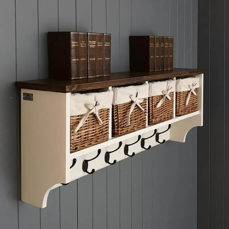 Wooden Wall-Mounted Coat and Hat Rack with Storage Baskets Decorative Display Shelves Including Cubby Holes