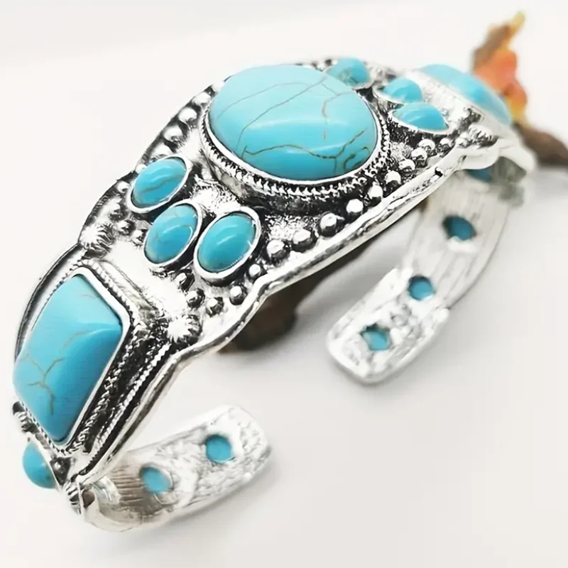Handcrafted Wide Bangle with Turquoise Stone December Birthstone Bracelet for Daily Wear Bohoturquoise-Inspired Cuff Bracelet