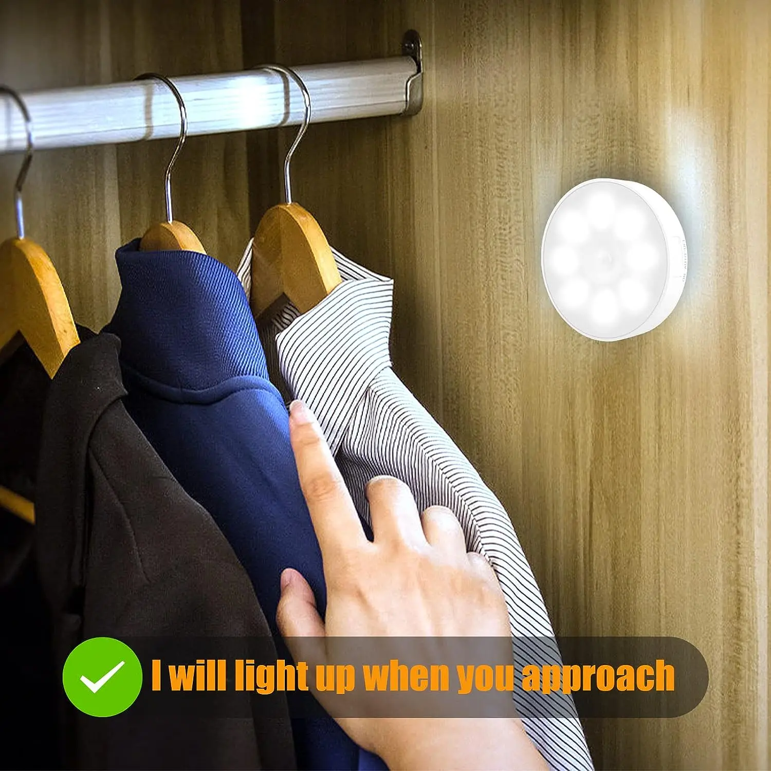 Automatic wireless battery operated led rechargeable mini under cabinet closet wardrobe motion sensor round puck night light