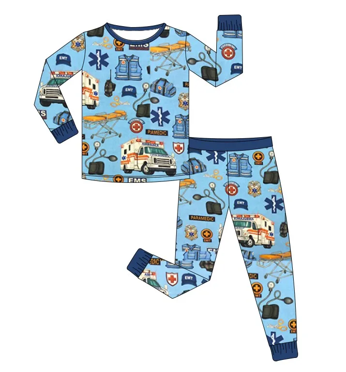 new arrive baby boy girls bamboo pajamas newborn kids milk silk ambulance printing 2 piece nightwear children bamboo jammies