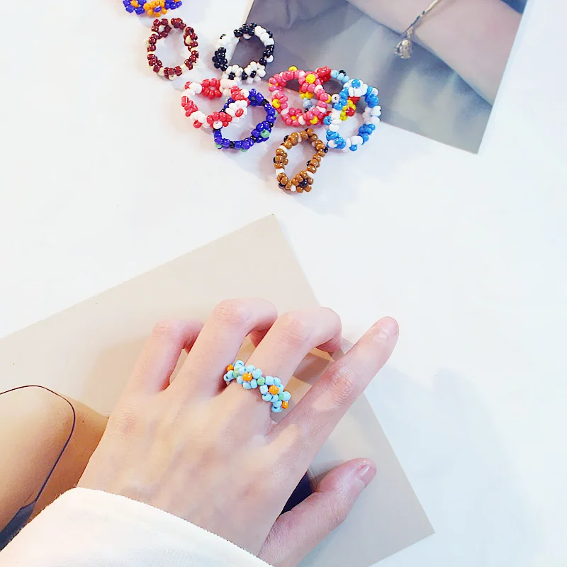 High quality Bohemian Candy Color Resin Beads Finger Rings Bijoux Elastic Stretch colorful flower Finger Ring For Women
