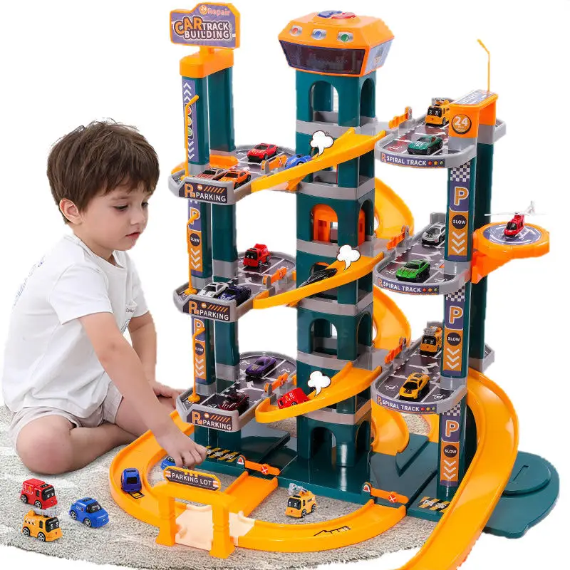 Electric multilayer car parking lot track toy set Kids DIY assembly educational station pretend play parking lot garage toy set