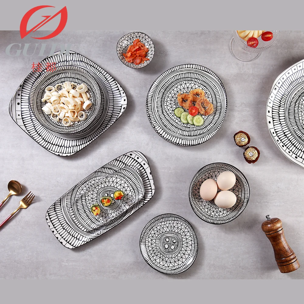 Handmade Durable Porcelain Dinner Set Restaurant Hotel Luxury Grey Ceramic Plates Set Dinnerware