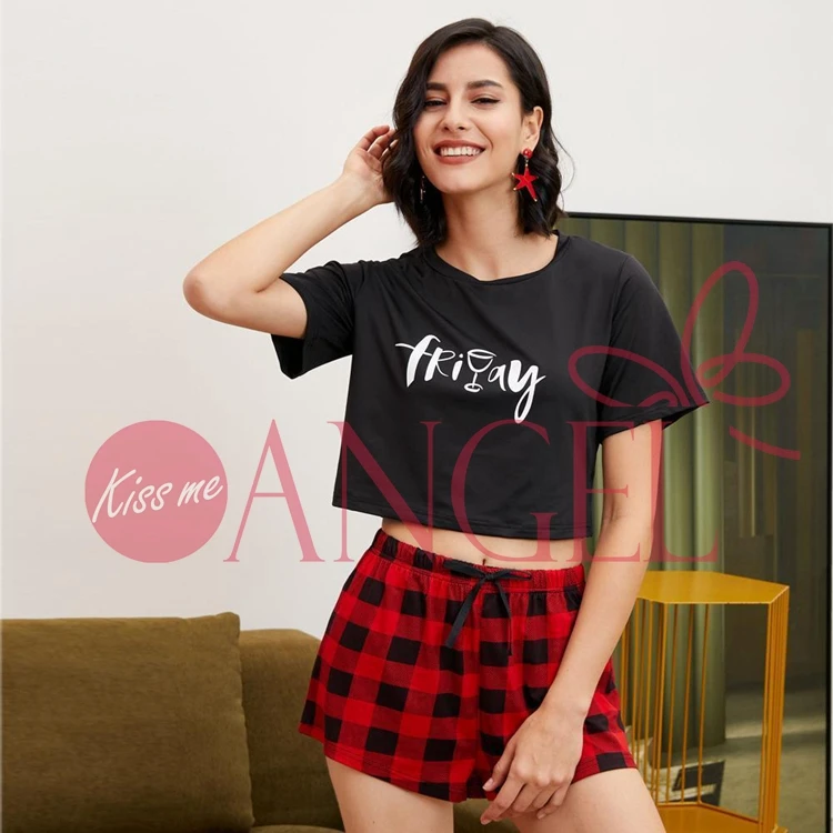 KISS ME ANGEL new arrival niche display thin dew waist letter print red plaid home clothes sexy pajamas girl