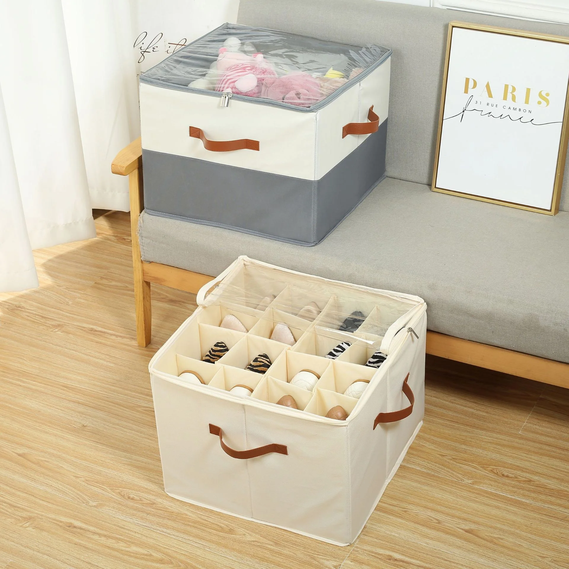 16 grid fabric storage box Shoes storage box with lid with sturdy handle