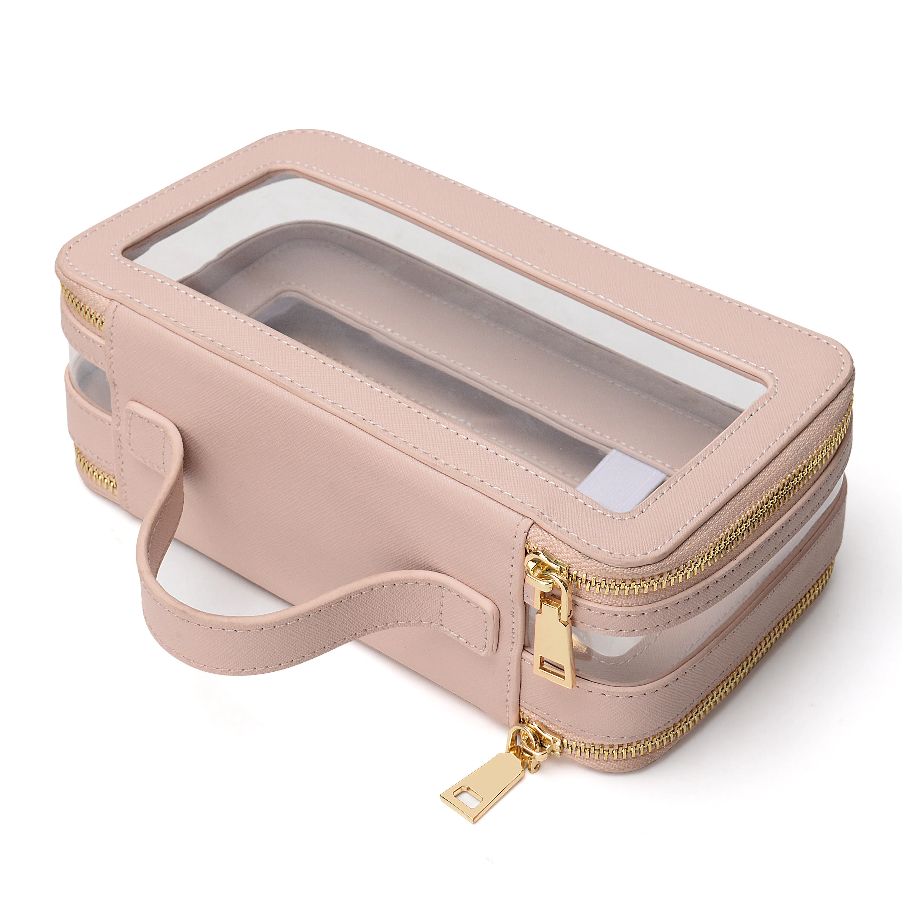 Double layered long bread shape leather makeup bag clear pouch waterproof zipper  bathroom handheld  cosmetic bags & cases