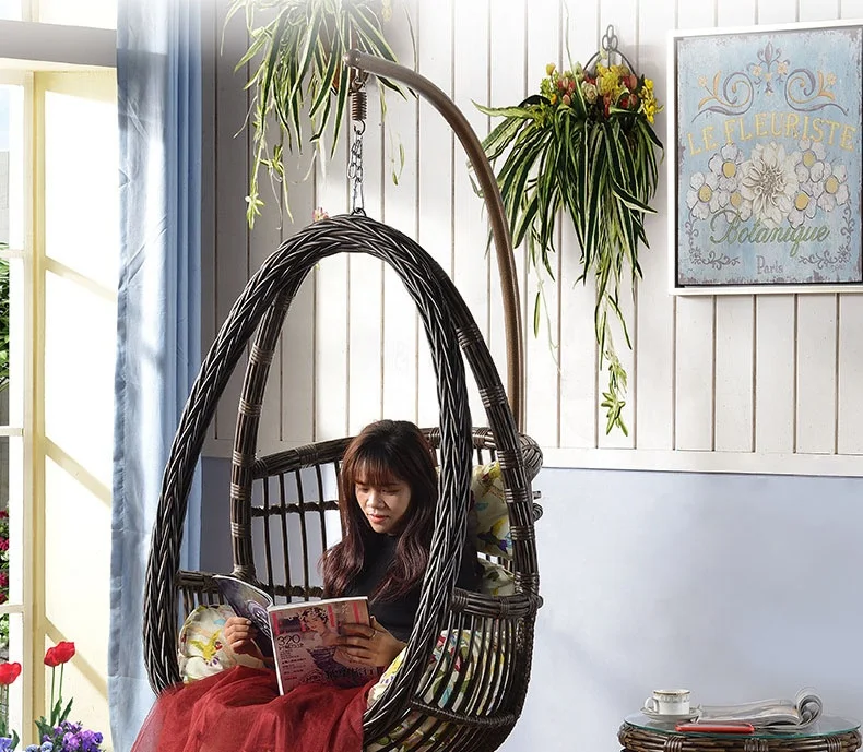 Outdoors Rattan Swing Chair Hanging Egg Shaped for Adult Indoor Balcony Furniture Single Plastic Egg Chair with Cushion Pillow