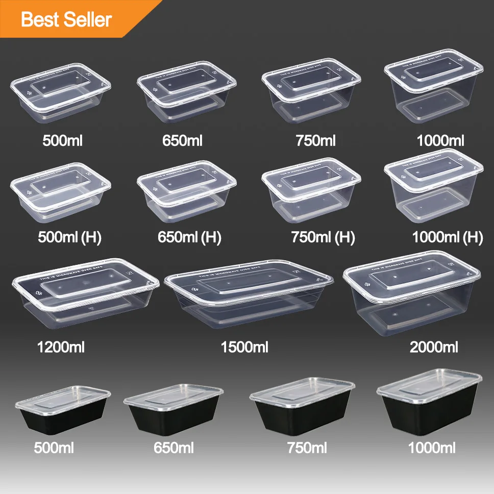Disposable Clear White Black Round Rectangular Plastic Food Container Box with Lid Commonly Used in Chinese Restaurants