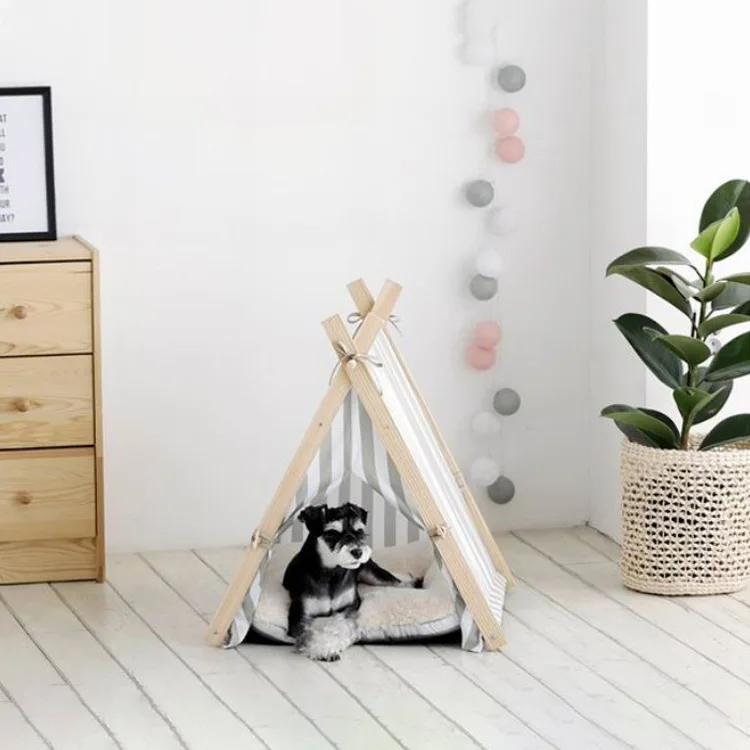 Pet Modern Wooden Striped Triangle Tent Nest Waterproof Pet Dog Nest Bed With Mat