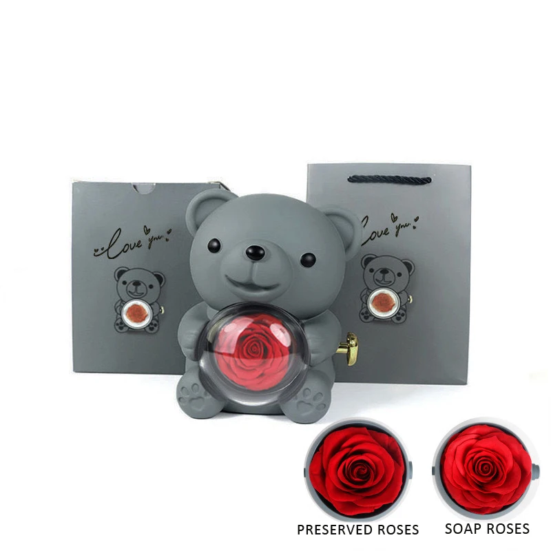 2024 New Eternal Real Rose Box Rotating Teddy Bear Ring Box With Preserved Roses Or Soap Roses For Valentine Day Gifts