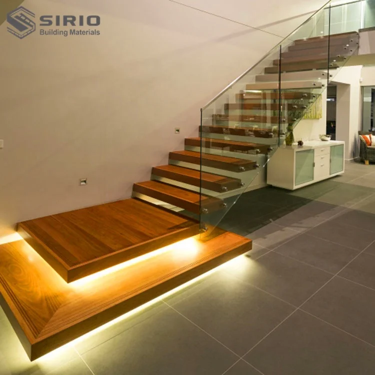 Прямая плавающая лестница, выполненная по индивидуальному заказу с деревянными ступеньками и закаленными стеклянными перилами, лестничная система