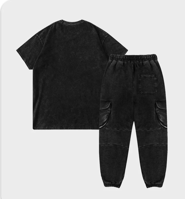 Kids Clothing Sets European and American Brand High Street Black Vintage Washed Short Sleeve Tshirt Trousers Multi Pocket Suits