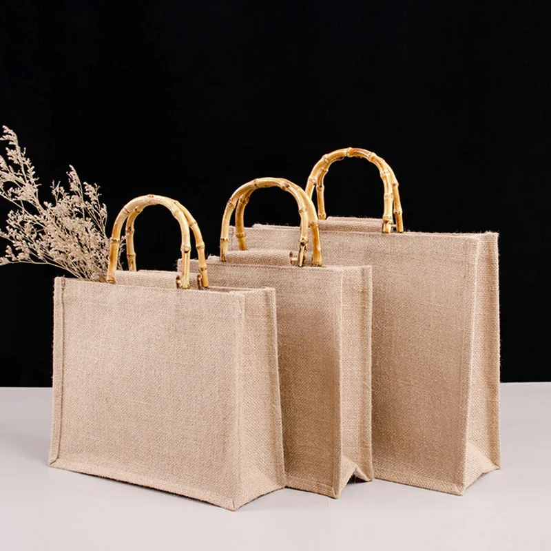 Portable Burlap Jute Shopping Bag Handbag  Loop Handles Tote Retro DIY Bag Handbag Women Big Size Beach Bag For Girls