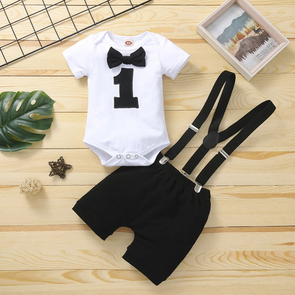 Wholesale Baby Boy First Birthday Outfit Costume 1st birthday outfit boy Gentleman Tie Romper+Shorts babies clothing boys girls