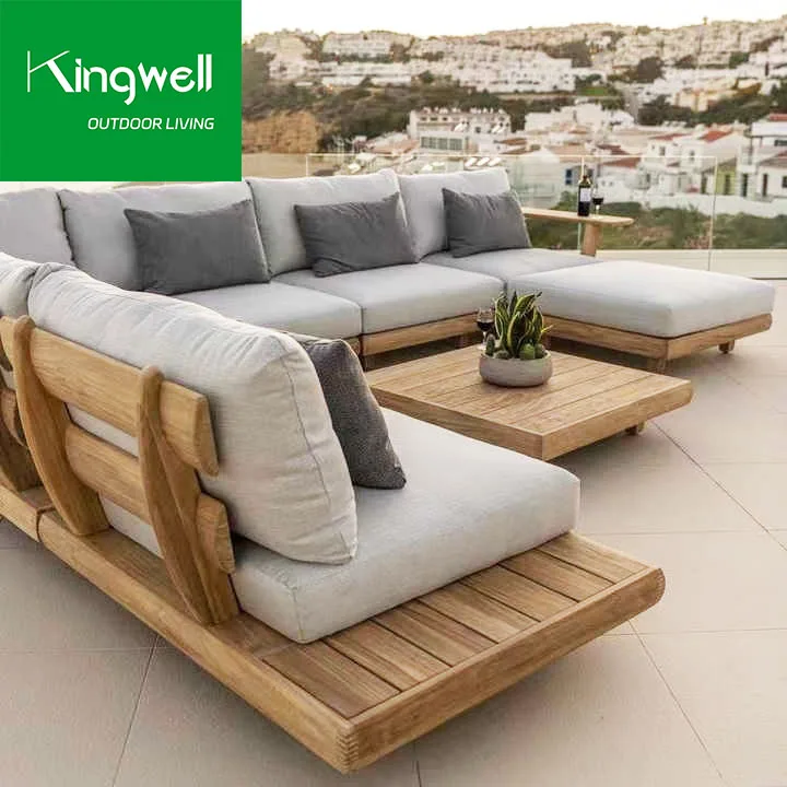 Modern solid wood furniture with cushions sofa set living room garden patio hotel sectional L shape teak outdoor sofa