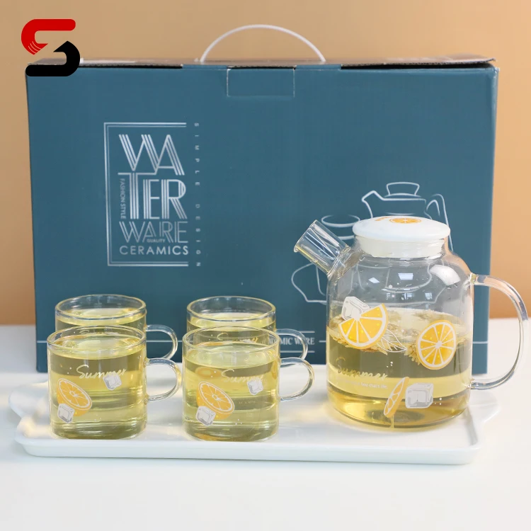 Glass Teapot Mugs Set, 30OZ/850ml Glass Tea Kettle with 4 Orange Tea Cups & Removable Infuser & Tea Warmer,