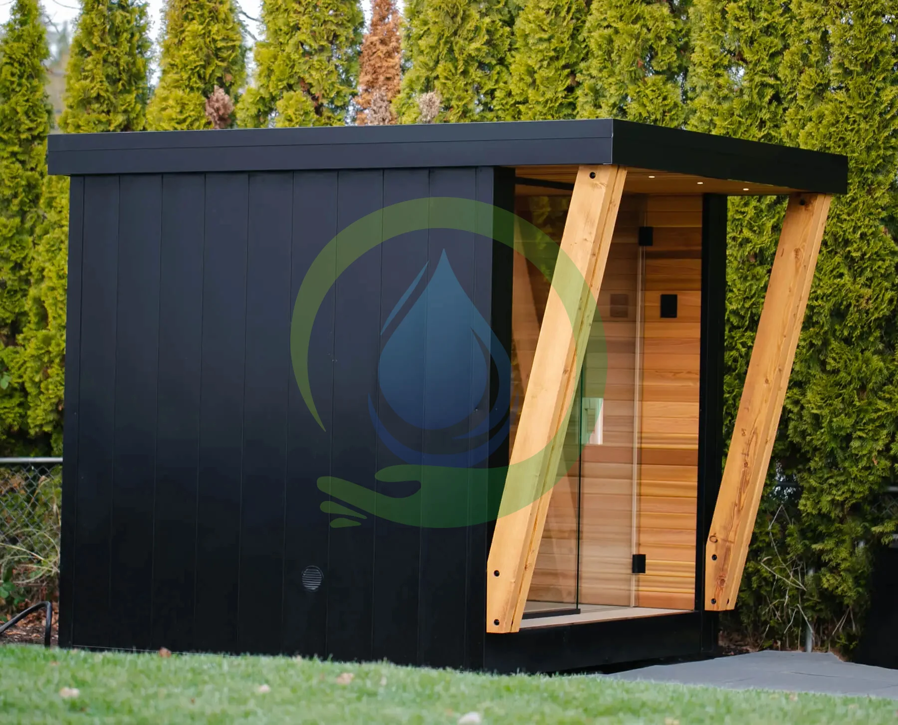 High-End Outdoor engine room Traditional  Sauna Cabin in Red Cedar with Front Porch for 4-6 People