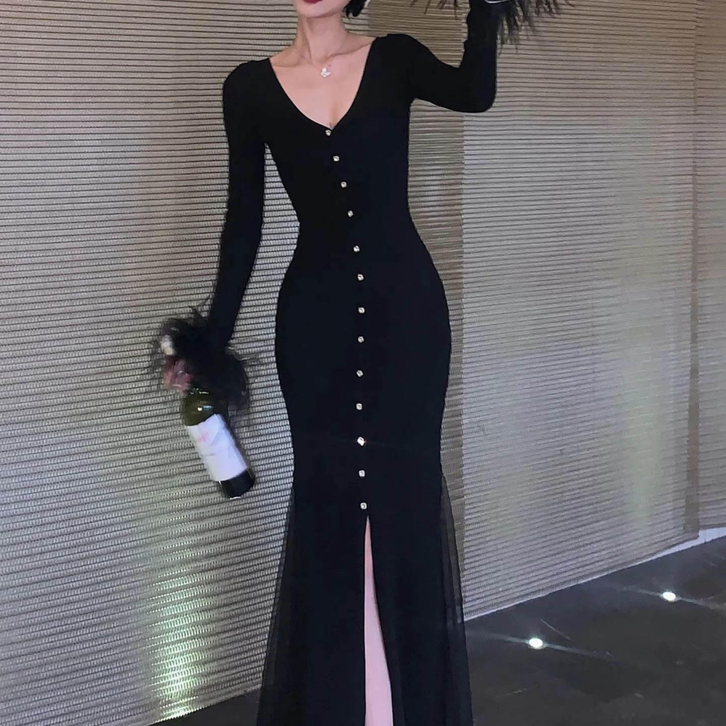 Autumn Winter V Neck Sexy Long Sleeve Mid Slit Floor Length Ladies Evening Dresses For Party